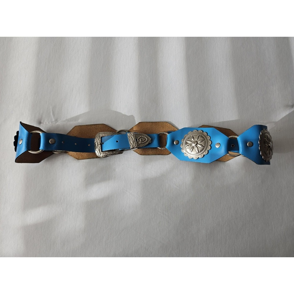 Vtg Blue Leather Octagon Concho Western Boho Hippie Silver Buckle Belt - Picture 6 of 11